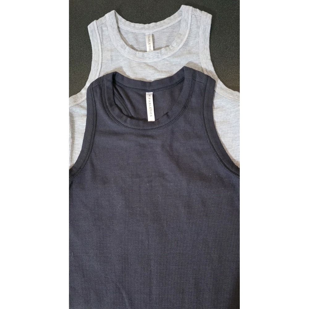 2 Fabletics High Neck Ribbed Waffle Tank Woman S Gray Navy Active Top Yoga EUC